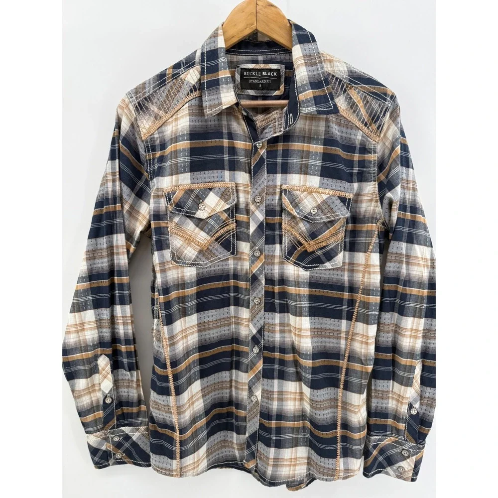 Buckle Black Mens Standard Fit Plaid Western Button Down Shirt BB480FPW Navy S